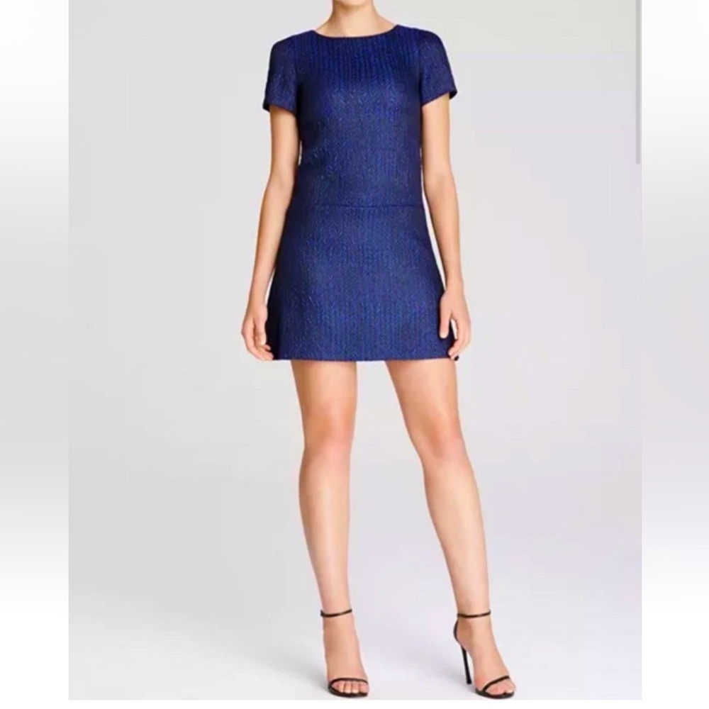 Alice + Olivia Liv Drop Waist Blue Herringbone Jacquard Mini Dress Size 6 Lined
